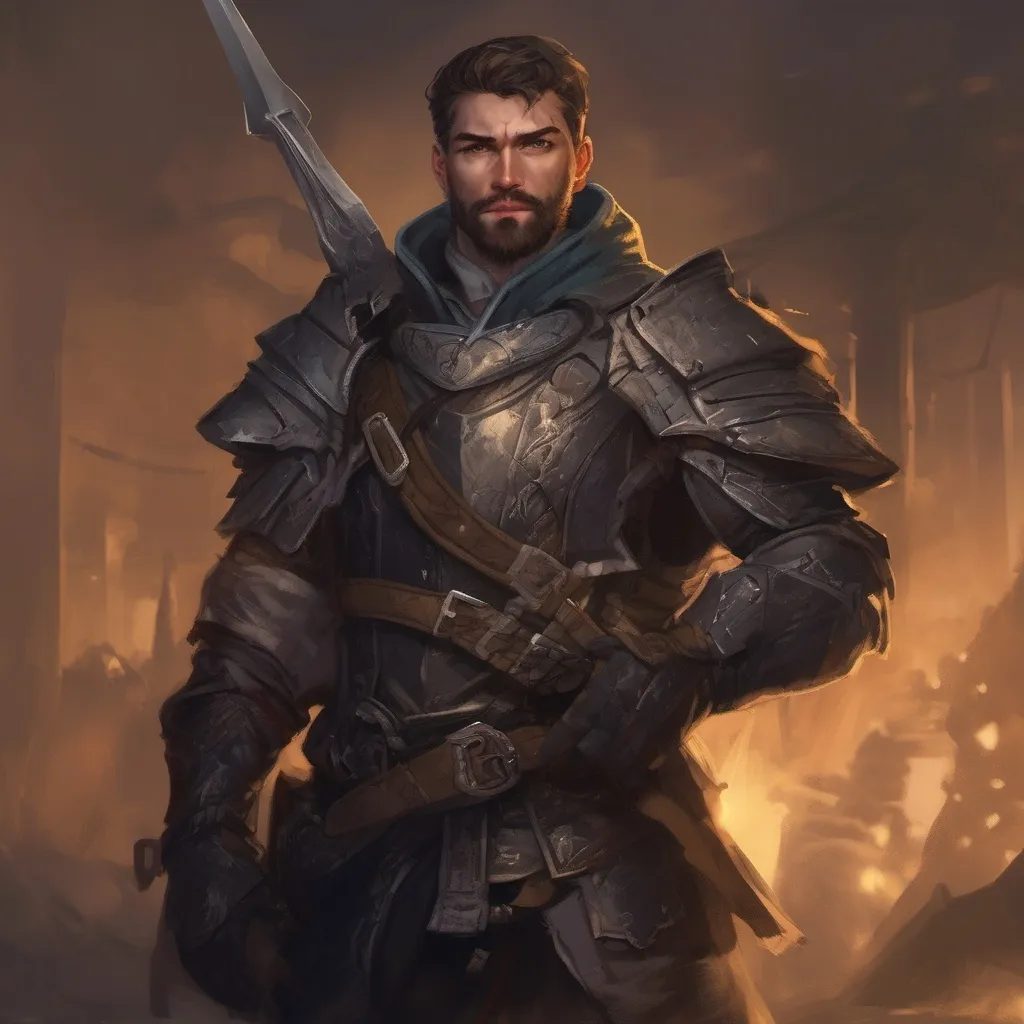 Prompt: (Full body) male stocky young dragoon with short-cut hair and beard, in a dark room, pathfinder, d&d setting, in a realistic digital art style