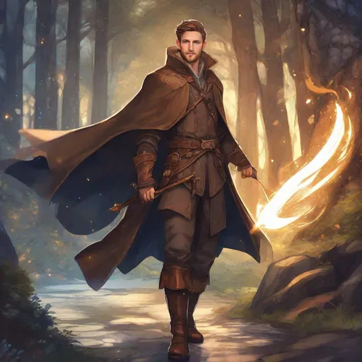 Prompt: (Fullbody) hairy manly mage face looks like jamie bell, short-hair, short-bearded, leather shirt, open shirt, heavy belt, swirly magic from staff, brown boots, cloak, pathfinder, dungeons and dragons, monocle, outside a town by a forest at night, holding a weapon, in a painted style, realistic