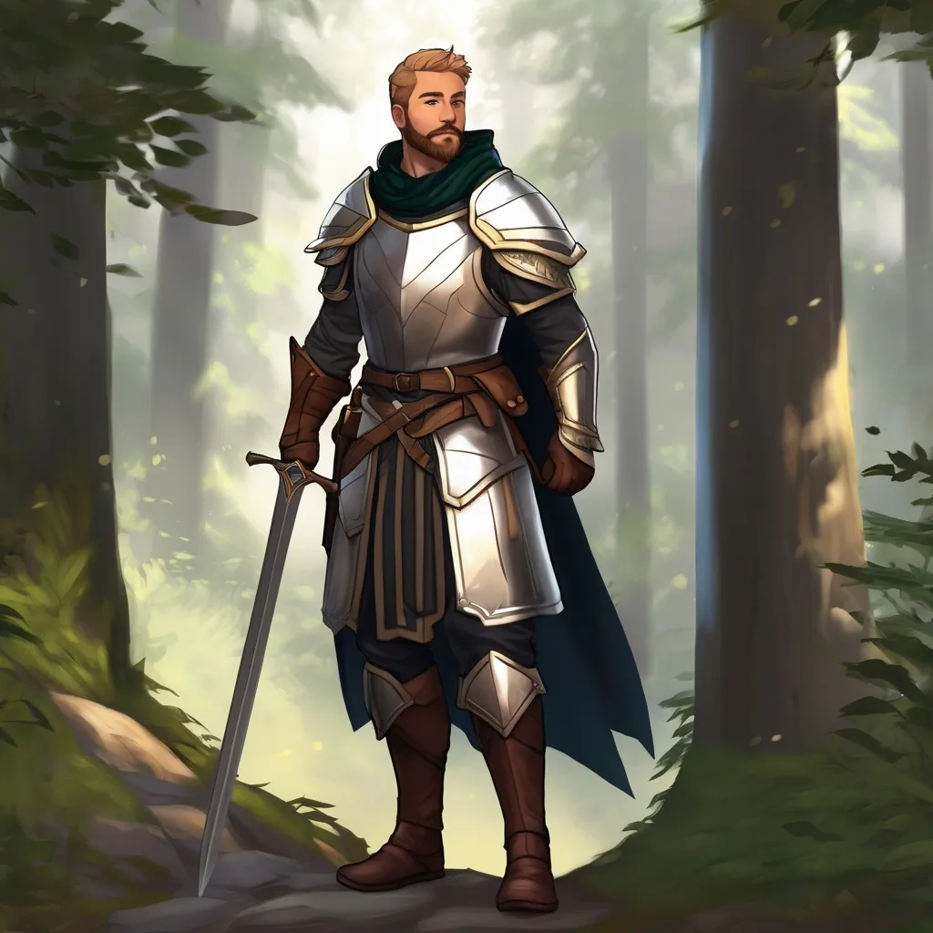 Prompt: (Full body) male paladin with short hair and beard, outside of a forest, pathfinder, d&d setting, in a realistic digital art style