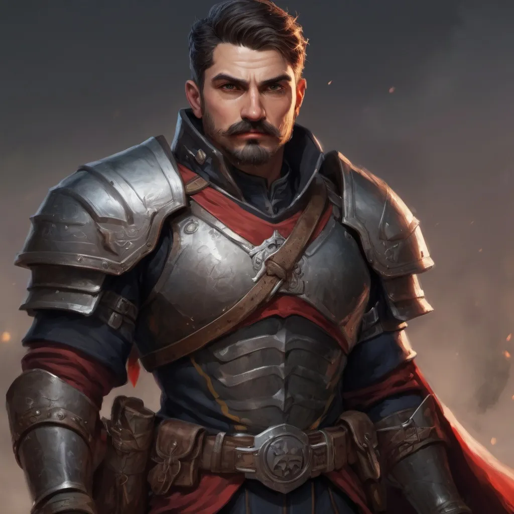 Prompt: (Full body) male stocky masculine royal guard with short hair and mustache, hairy chest, in a dark battle field, pathfinder, d&d setting, in a realistic high quality digital art style, enhanced shadow quality