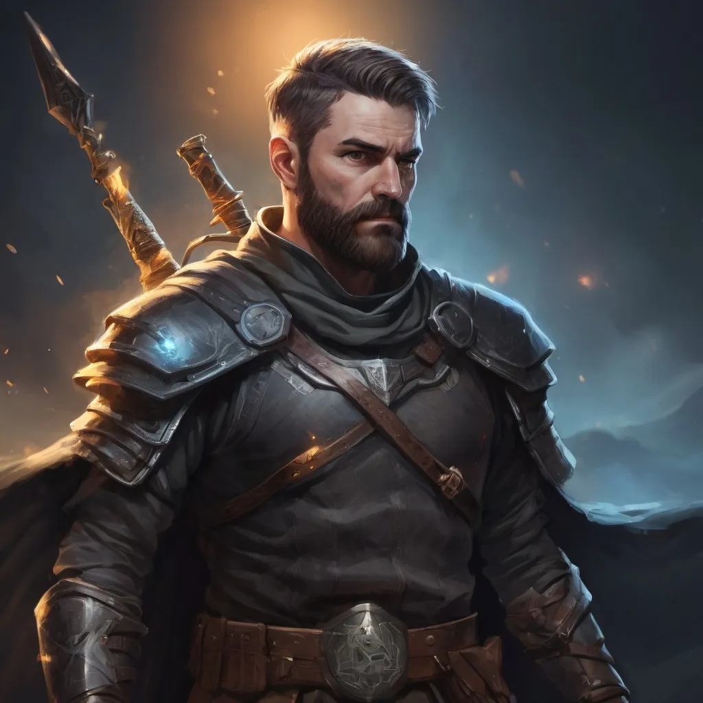Prompt: (torso) Male stocky mature light-ranger with short-cut hair and beard, on a battlefield at night, in combat, holding a magic weapon, bright aura, pathfinder, d&d setting, in a realistic high quality digital art style, enhanced shadow quality