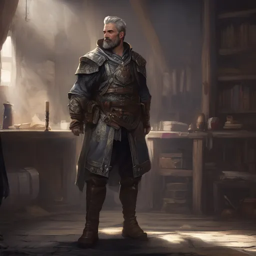 Prompt: (Full body) male stocky young noble with grey short-cut hair and beard, in a dark room, pathfinder, d&d setting, in a realistic digital art style