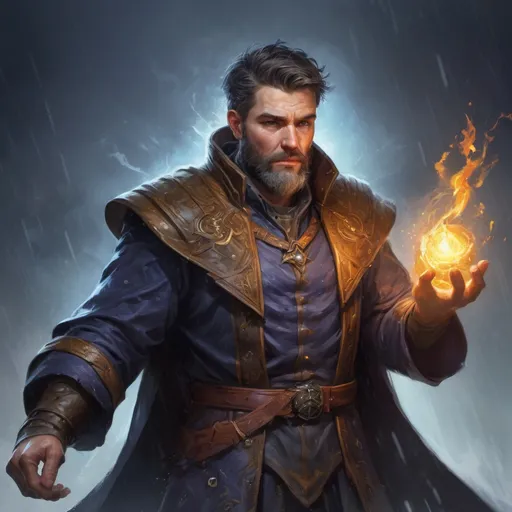 Prompt: Male stocky heavy-set large sorcerer with short-cut hair and beard, casting a magical spell out of hands, on a battlefield in the rain, pathfinder, d&d setting, in a realistic high quality digital art style, enhanced shadow quality, colorful