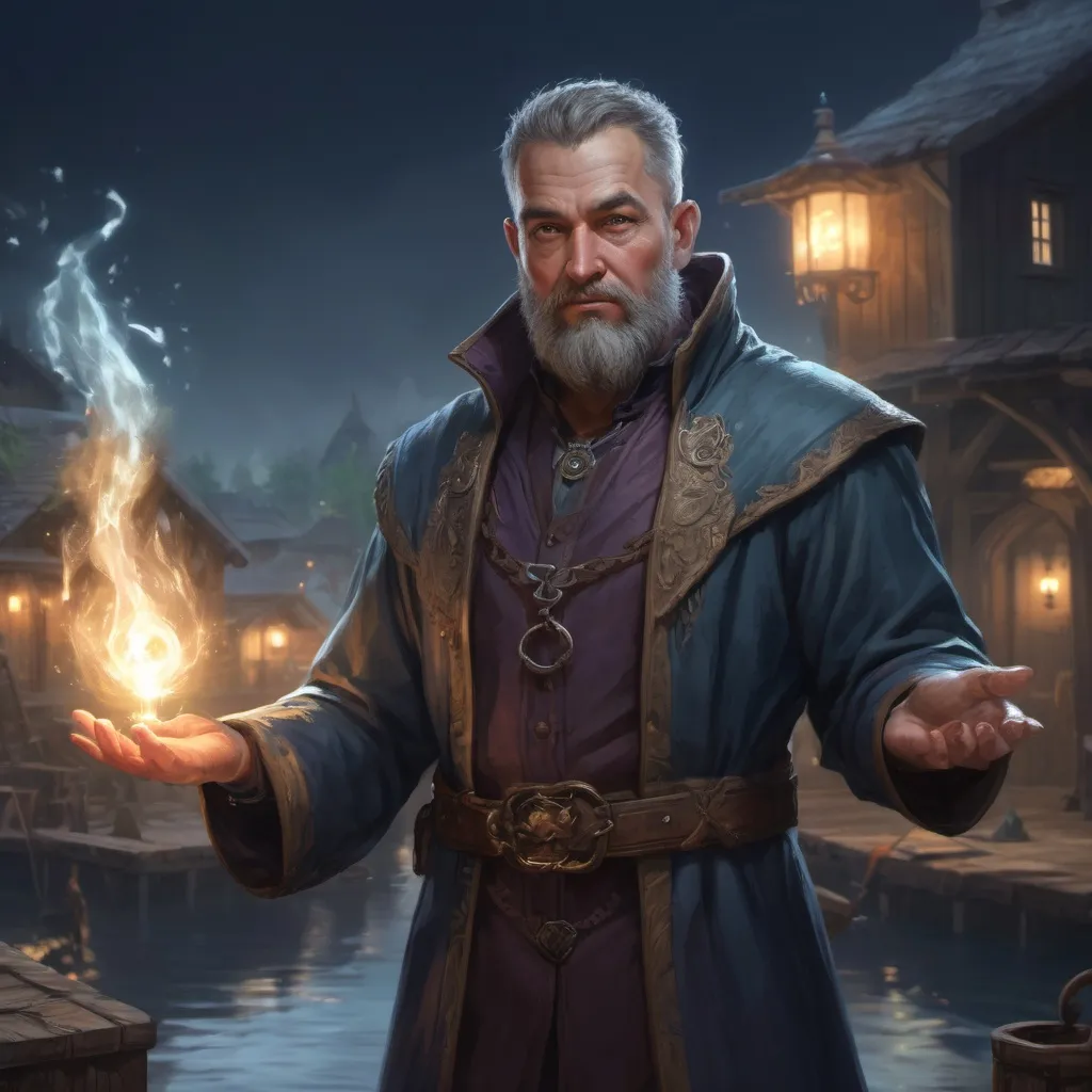 Prompt: male stocky mature heavy-built large bandit-magus with short hair and beard, wearing magic coat, casting a water-spell, on a dock by a small village at night, pathfinder, d&d setting, in a realistic high quality digital art style