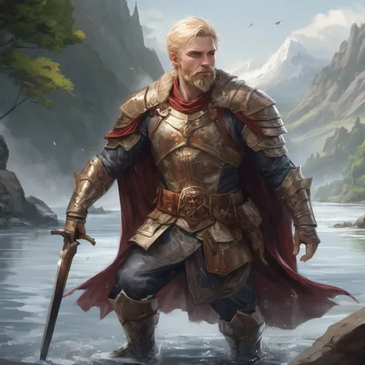 Prompt: (Full body) male stocky masculine royal guard with short blonde hair and beard, hairy chest, in a magical battle field by a lake, pathfinder, d&d setting, in a realistic high quality digital art style