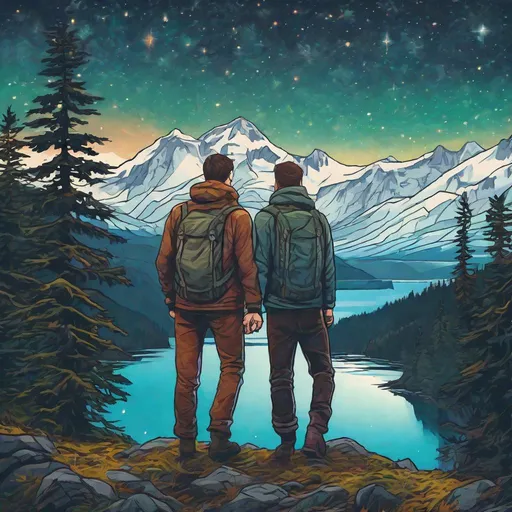 Prompt: Colourful picture of two handsome man with short brunette hair and a beard in love with each other, hiking a norwegian mountain, are surrounded by Sitka Spruce trees, fjord in the distance, framed by stars, in a painted style