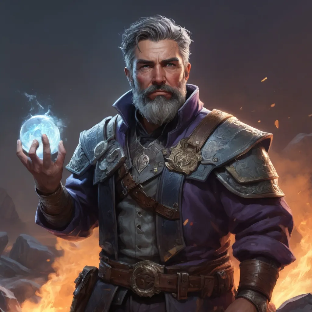 Prompt: Male stocky heavy-set mature arcane-alchemist with short-cut hair and beard, on a battlefield, in combat, holding a frostbomb, pathfinder, d&d setting, realistic high quality, enhanced shadow quality, colorful