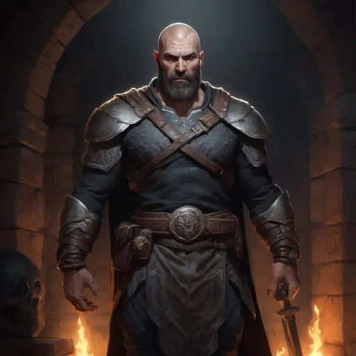 Prompt: Male heavy-set mature muscular transmuter with short-cut hair and beard, in a dark dungeon, pathfinder, d&d setting, in a realistic high quality digital art style, enhanced shadow quality