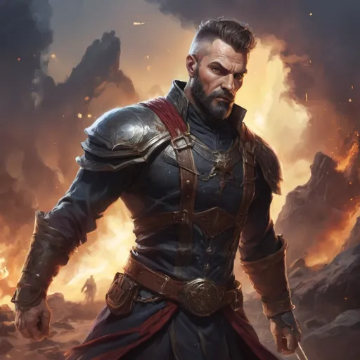 Prompt: Male stocky mature muscular illusionist with short-cut hair and beard, on a battlefield, in combat, Casting a spell, pathfinder, d&d setting, in a realistic high quality digital art style, enhanced shadow quality, colorful