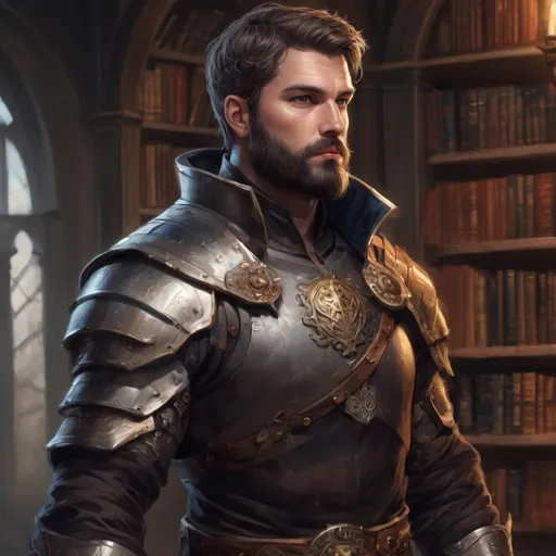 Prompt: (Full body) male stocky masculine manly hunky royal knight with short hair and beard, hairy chest, in a dark library, pathfinder, d&d setting, in a realistic high quality digital art style