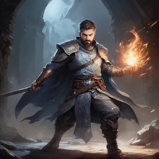 Prompt: Male stocky large battle-mage with short-cut hair and beard, engaged in combat casting a white-light spell inside of a dark dungeon, pathfinder, d&d setting, in a realistic high quality digital art style, enhanced shadow quality, colorful