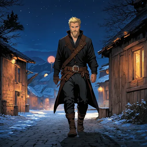 Prompt: (Full body) male rogue with a short blonde hair and beard, belt and pants, walking outside of a small town at night, pathfinder, d&d setting, in a digital art style