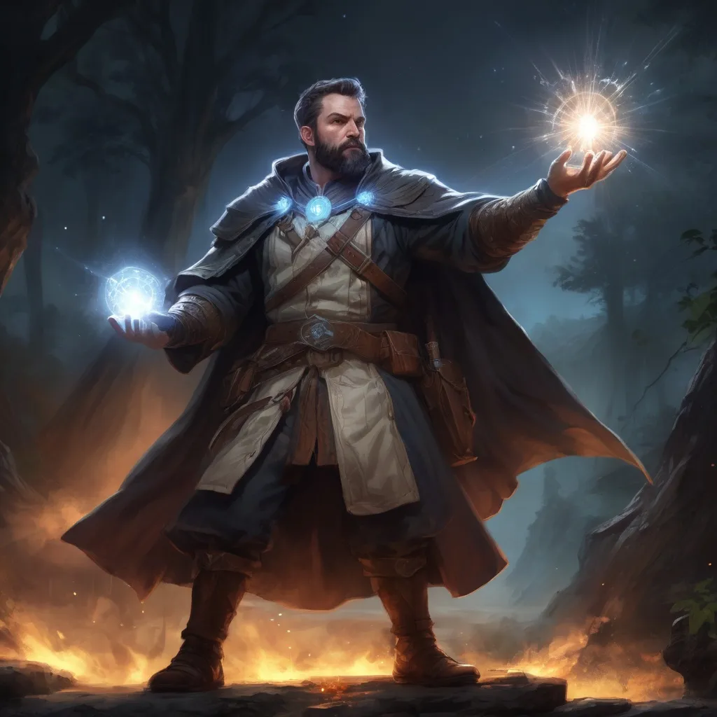 Prompt: Male stocky large mature cleric with short-cut hair and beard, engaged in combat casting a magic-ray out of hands in nature at night, pathfinder, d&d setting, in a realistic high quality digital art style, enhanced shadow quality, colorful