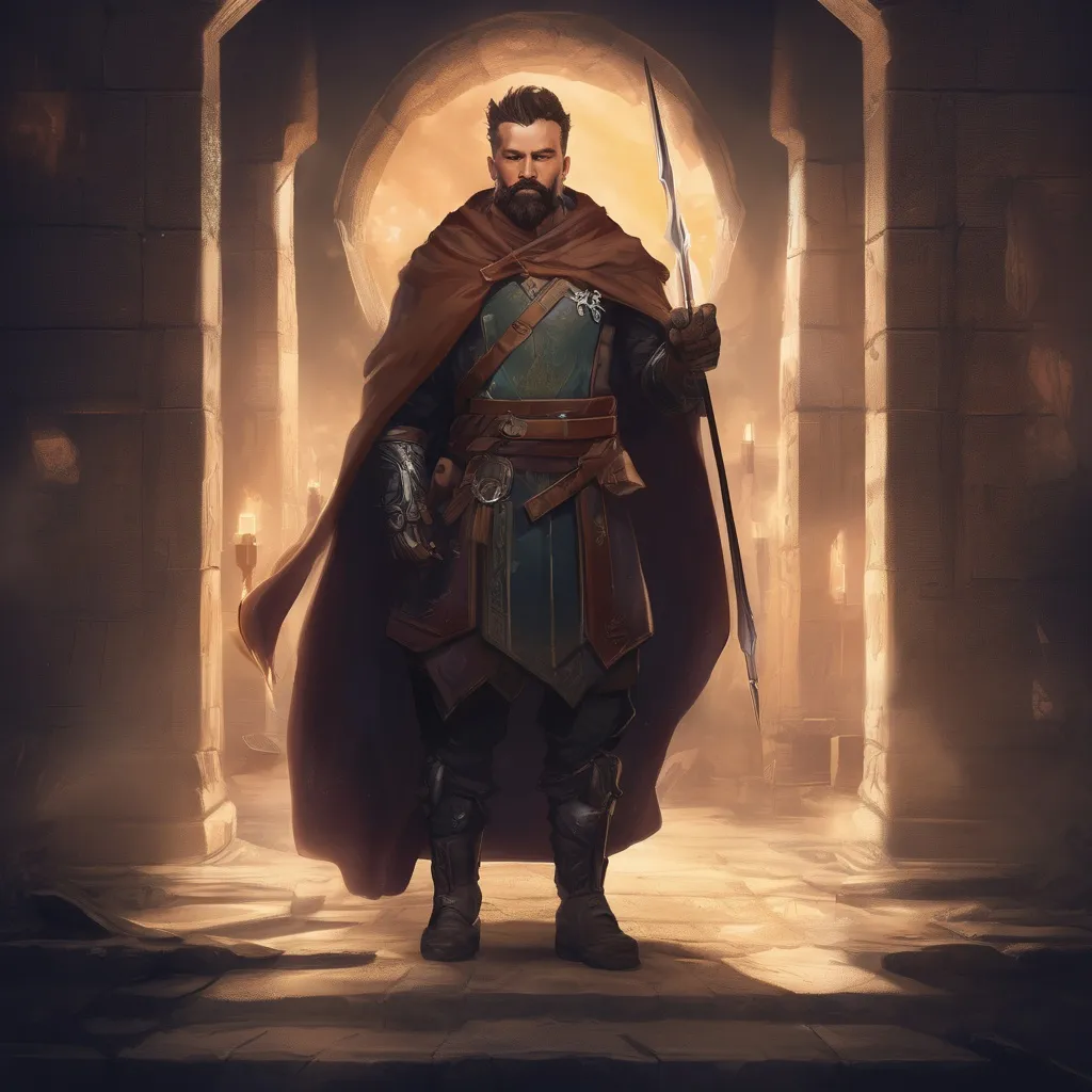 Prompt: (Full body) male stocky magical hunter with short-cut hair and beard, quiver, in a dark magic temple dungeon, cloak, pathfinder, d&d setting, in a realistic digital art style