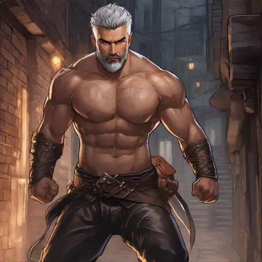 Prompt: (Full body) martial fist fighter with hairy chest, glowing eyes with short cut grey hair with short beard, manly face, no shirt, no armour, leather pants, pathfinder, dungeons and dragons, in a dark back street, in a painted style, realistic