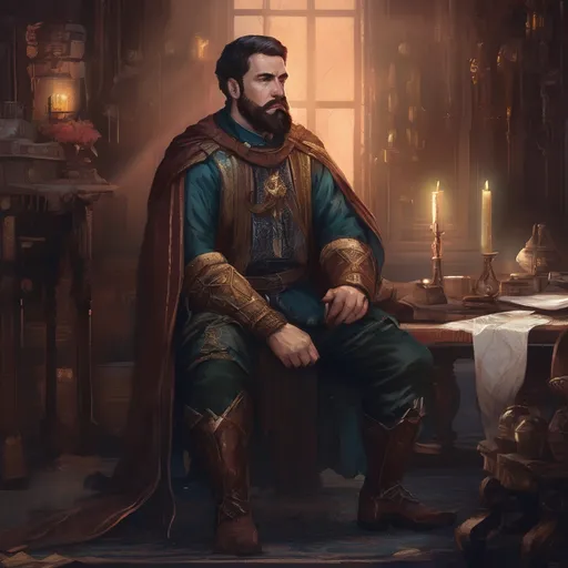 Prompt: (Full body) male stocky young royal noble with short-cut hair and beard, in a dark room, pathfinder, d&d setting, in a realistic digital art style