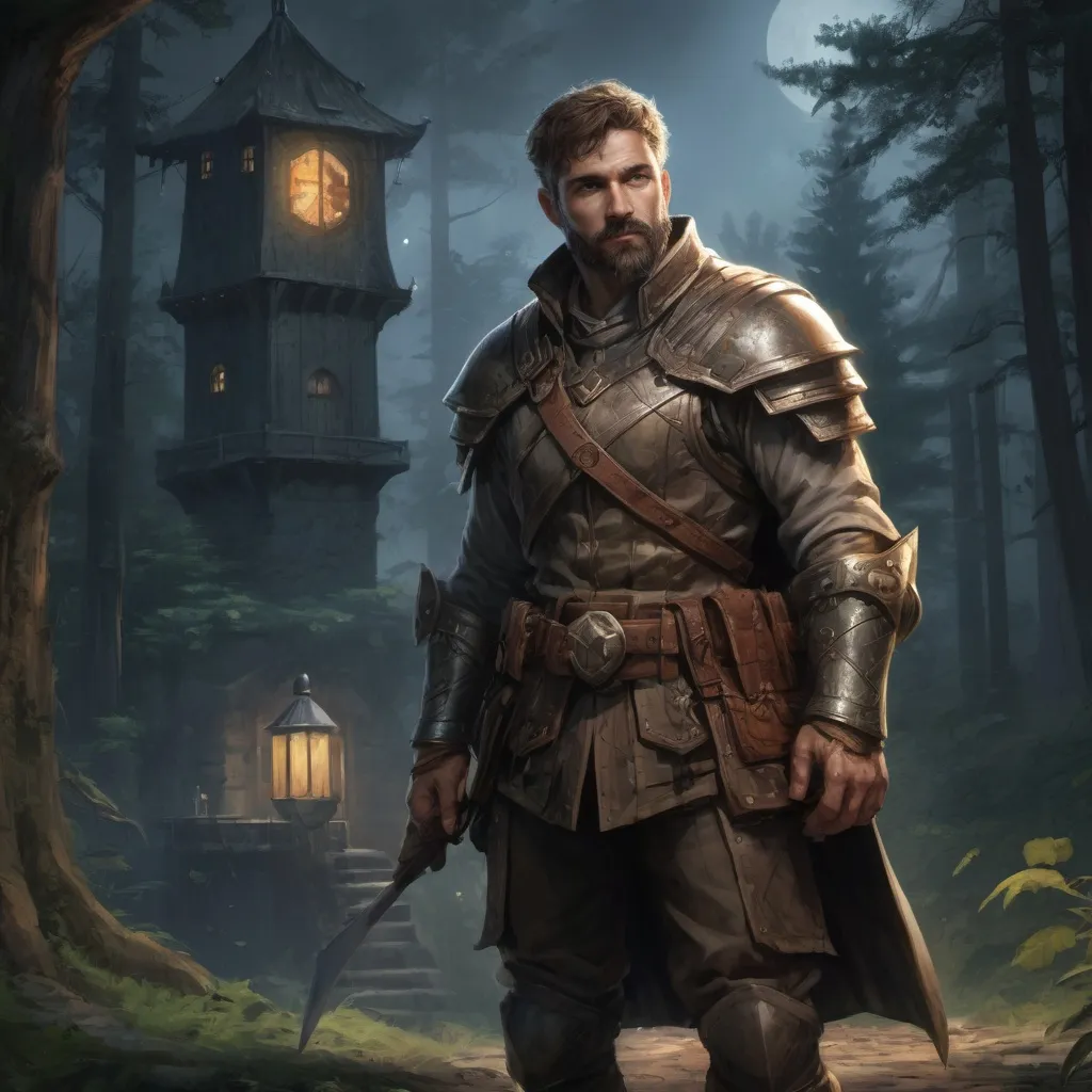 Prompt: Male stocky heavy-set mature fantasy-ranger with short-cut hair and beard, outside of a fantasy guard-tower by the woods at night, pathfinder, d&d setting, in a realistic high quality digital art style, enhanced shadow quality