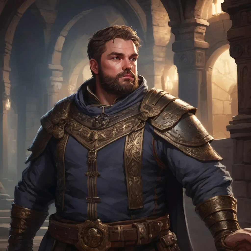 Prompt: Male stocky beefy fat royal noble with short-cut hair and beard, big belly, inside a temple dungeon at night, pathfinder, d&d setting, in a realistic high quality digital art style, enhanced shadow quality