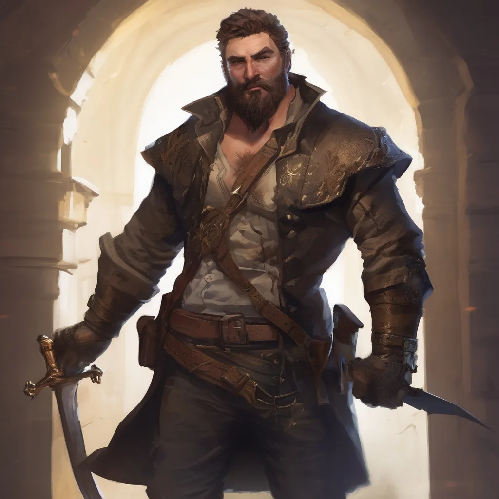 Prompt: (Full body) male stocky big-chested pirate bandit with short hair and beard, no shirt on, in a dark castle, pathfinder, d&d setting, in a realistic digital art style