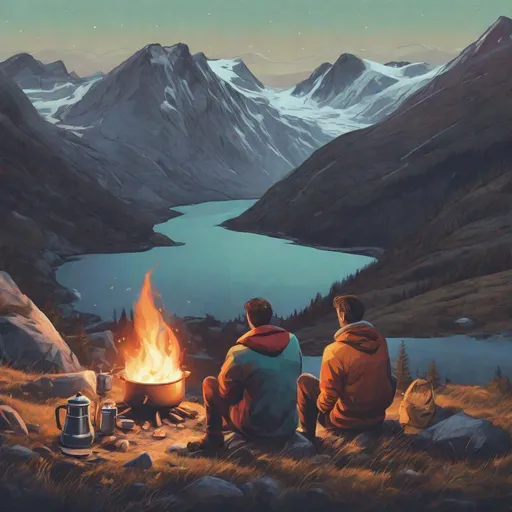 Prompt: A beautiful and colourful picture of two men with brunette hair and short beards, camping in a norwegian mountain, coffeepot on a campfire, morning sky, panoramic view, in a painted style