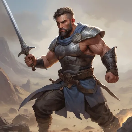 Prompt: Male stocky heavy-set mature muscular fighter with short-cut hair and beard, on a battlefield, in combat, holding a sword, pathfinder, d&d setting, enhanced shadow quality