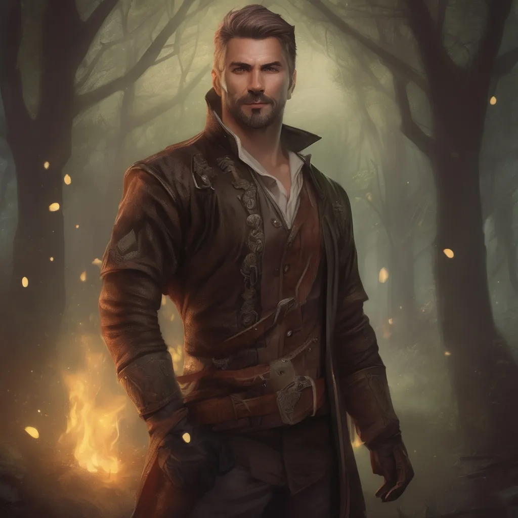 Prompt: (Full body) A male muscular mage with short cut hair with a mustache and stubble manly face, pathfinger, magic swirl, visible chest, leather pants, holding magic, dungeons and dragons, brown boots, fantasy setting, standing in a forest glade at night, in a digital realistic art style