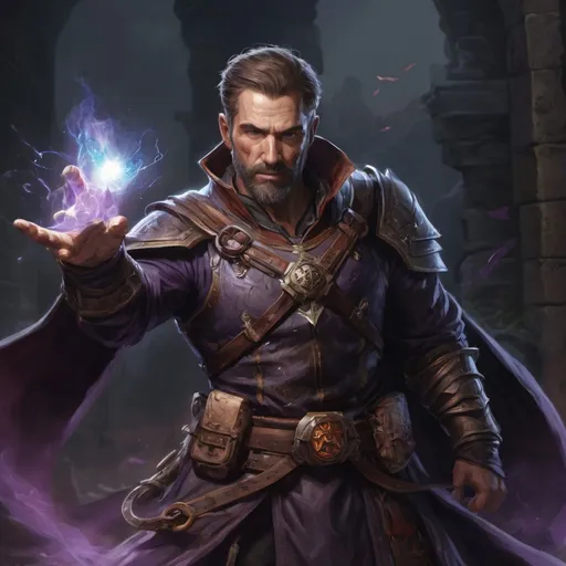 Prompt: (torso) Male stocky large mature british handsome battle-mage with short-cut hair and beard, engaged in combat casting an arcane-spell inside of a dark dungeon, in movement, pathfinder, d&d setting, realistic, enhanced shadow quality, colorful