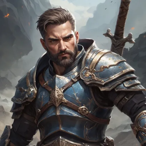 Prompt: (torso) Male heavy-set mature fit magical Paladin with short-cut hair and beard, holding fantasy-weapon , in a windy battlefield, pathfinder, d&d setting, enhanced shadow quality