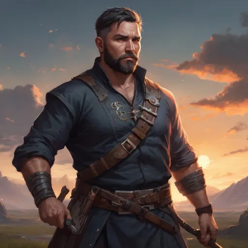 Prompt: Male heavy-set fit fat large 38-year old hunky seer with short-cut hair and beard, holding magic fantasy-weapon, on a windy field at dusk, pathfinder, d&d setting, enhanced shadow quality