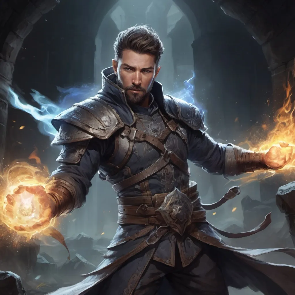 Prompt: Male stocky large battle-mage with short-cut hair and beard, engaged in combat casting a white-light spell inside of a dark dungeon, pathfinder, d&d setting, in a realistic high quality digital art style, enhanced shadow quality, colorful