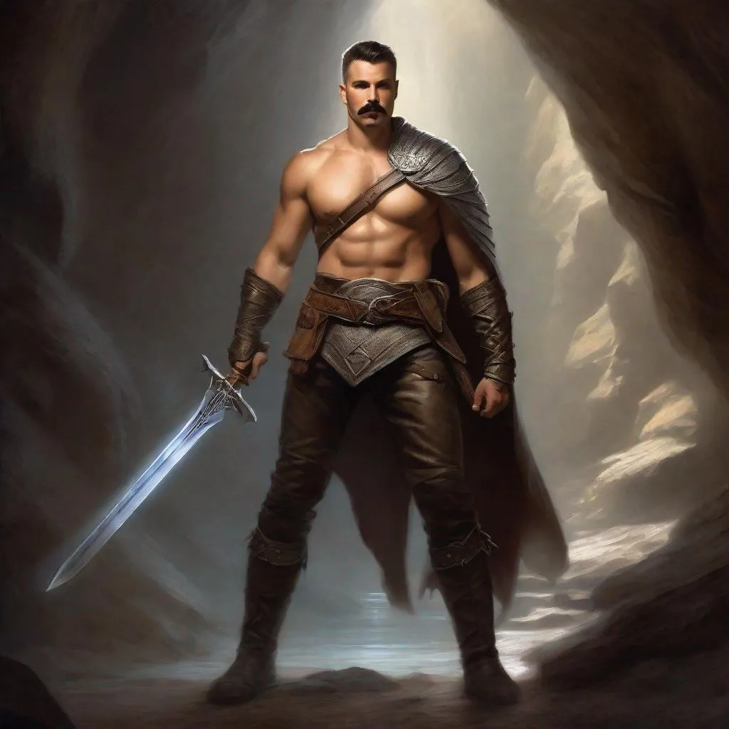 Prompt: (Full body) a fighter with mustache and stubble grey short-cut hair no shirt on, belt, boots, leather pants, holding a sword, standing in a dark cavern, fantasy setting, dungeons & dragons, in a painted style realistic art