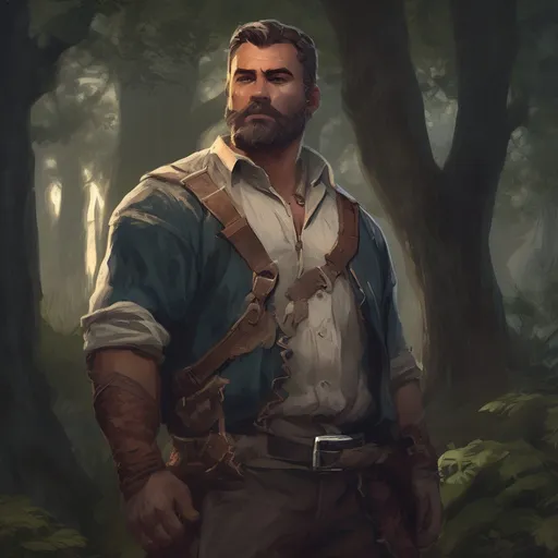 Prompt: (Full body) A male stocky hunky fantasy-hunter with short-cut hair and beard, in a nature at night, pathfinder, d&d setting, in a realistic high quality digital art style