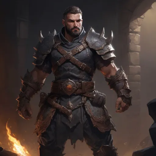 Prompt: Male stocky large warrior with short-cut hair and beard, exploring a dark dungeon fighter a shadow-monster, pathfinder, d&d setting, in a realistic high quality digital art style, enhanced shadow quality, colorful