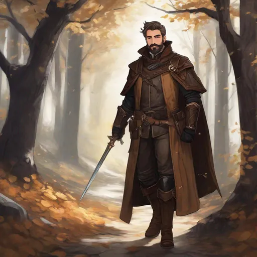 Prompt: (Full-body) A handsome hairy male alchemist with short hair and short beard, salt and pepper hair, magic in one hand, dark leather armor with wooden details, brown cloak, boots, dark path in the woods, in a shaded painted style