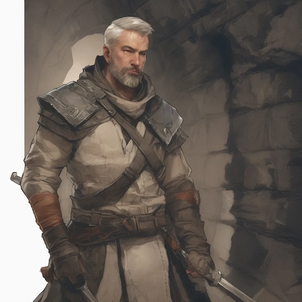 Prompt: (Full body) male sneaky rogue with short-cut hair and beard, holding dagger, in a dark underground dungeon temple, pathfinder, d&d setting, in a realistic digital art style