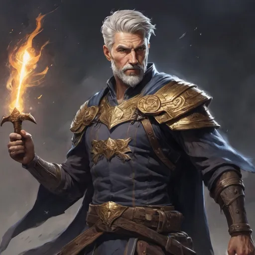 Prompt: (torso) Male heavy-set mature fit magical battle-mage with short-cut hair and beard, holding fantasy-weapon, in movement, in a windy battlefield, pathfinder, d&d setting, enhanced shadow quality