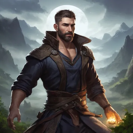 Prompt: (head and torso) Male heavy-set fit 30-year old hunky druid with short-cut hair and beard, holding magic-spell, in a windy nature at night, pathfinder, d&d setting, enhanced shadow quality
