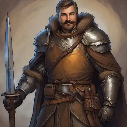 Prompt: (Fullbody) an mature knight manly face, brown-grey short-hair mustache and stubble, heavy armor, hairy chest, heavy belt, brown boots, cloak, pathfinder, dungeons and dragons, exploring a dungeon in the dark, holding lantern and a weapon, in a painted style, realistic