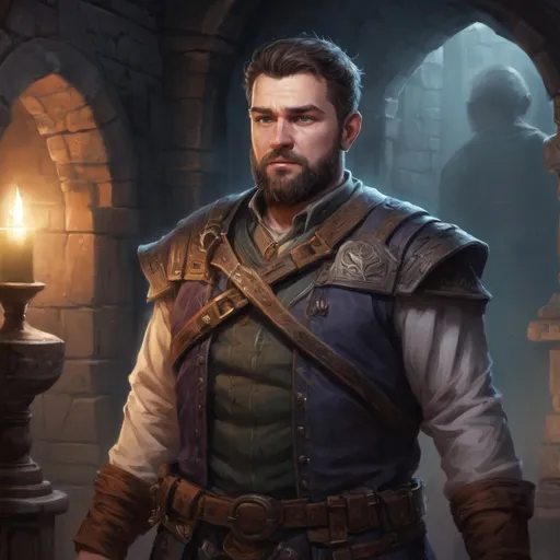 Prompt: Male stocky heavy-set fat magical engineer with short-cut hair and beard, inside a temple dungeon at night, pathfinder, d&d setting, in a realistic high quality digital art style, enhanced shadow quality