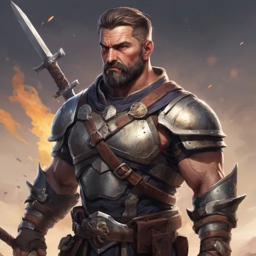 Prompt: Male stocky heavy-set mature muscular guardian with short-cut hair and beard, on a battlefield, in combat, holding a sword, pathfinder, d&d setting, in a realistic high quality digital art style, enhanced shadow quality, colorful