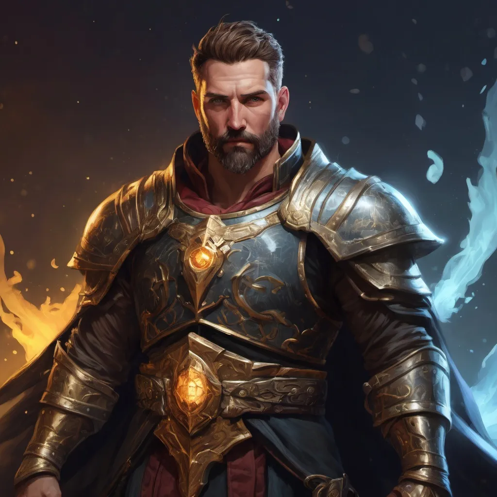 Prompt: (Torso) Male stocky large mature holy-paladin with short-cut hair and beard, exploring a dark dimention, surrounded by bright magic, pathfinder, d&d setting, in a realistic high quality digital art style, enhanced shadow quality, colorful