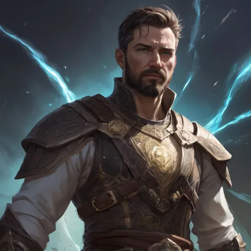 Prompt: (torso) Male stocky large fit 37-year old arcanist with short-cut hair and beard, casting a magic-ray out of hands in a windy path, pathfinder, d&d setting, in a realistic high quality digital art style, enhanced shadow quality