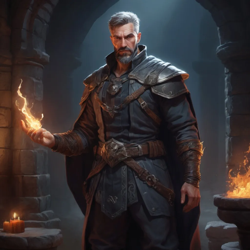 Prompt: Male heavy-set mature muscular sorcerer with short-cut hair and beard, in a dark dungeon, pathfinder, d&d setting, in a realistic high quality digital art style, enhanced shadow quality