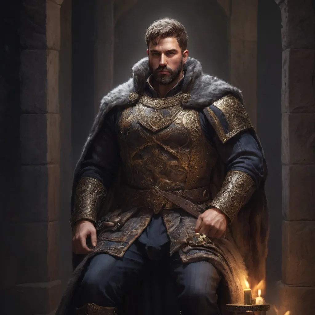 Prompt: (Full body) male stocky masculine manly hunky royal king with short hair and beard, hairy chest, in a dark throne room, pathfinder, d&d setting, in a realistic high quality digital art style