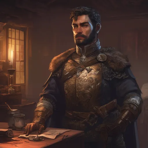 Prompt: (Full body) male stocky young royal Spy with short-cut hair and beard, in a dark room, pathfinder, d&d setting, in a realistic digital art style