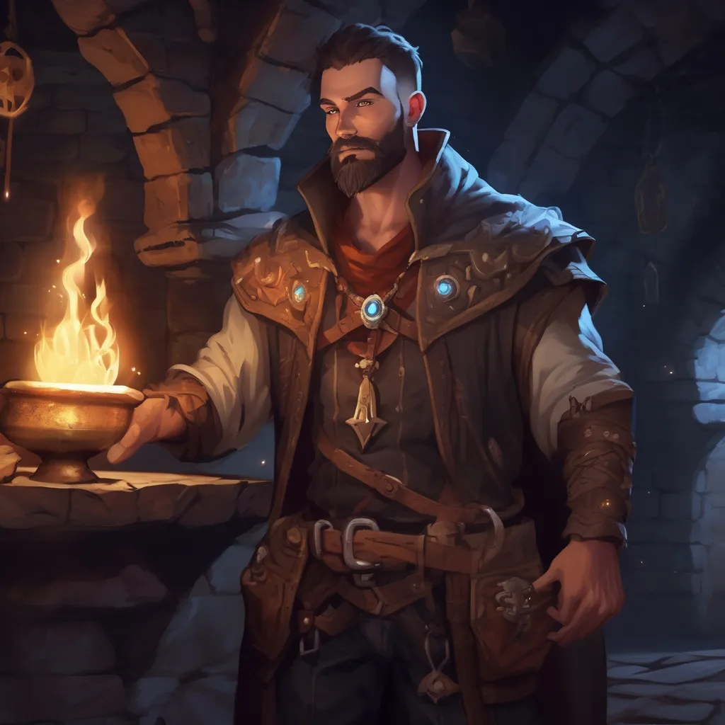 Prompt: (Full body) male magical muscular alchemist with short hair and beard, in a dungeon at night, pathfinder, d&d setting, in a realistic digital art style