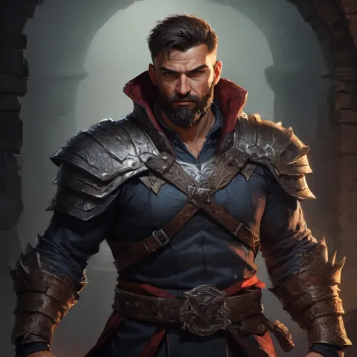 Prompt: Male stocky large mature albanian fighter with short-cut hair and beard, exploring a dark dungeon fighter a shadow-monster, pathfinder, d&d setting, in a realistic high quality digital art style, enhanced shadow quality, colorful