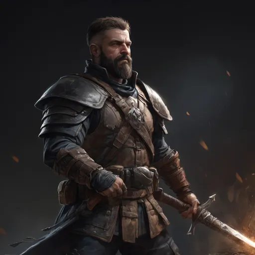 Prompt: Male stocky large mature fit bandit with short-cut hair and beard, engaged in combat holding fantasy-weapon in a dark room, pathfinder, d&d setting, realistic, enhanced shadow quality