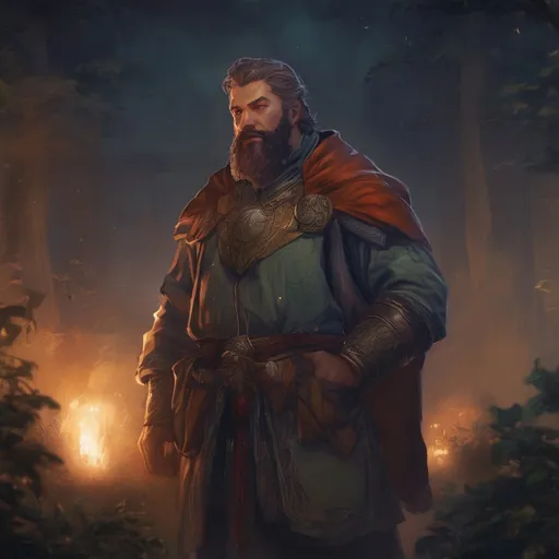 Prompt: (Full body) male stocky cleric with hairy chest and short hair and beard, in nature at night, pathfinder, d&d setting, in a realistic digital art style