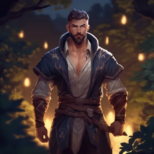 Prompt: (Full body) male muscular summoner with short hair and beard, in nature at night, pathfinder, d&d setting, in a realistic digital art style